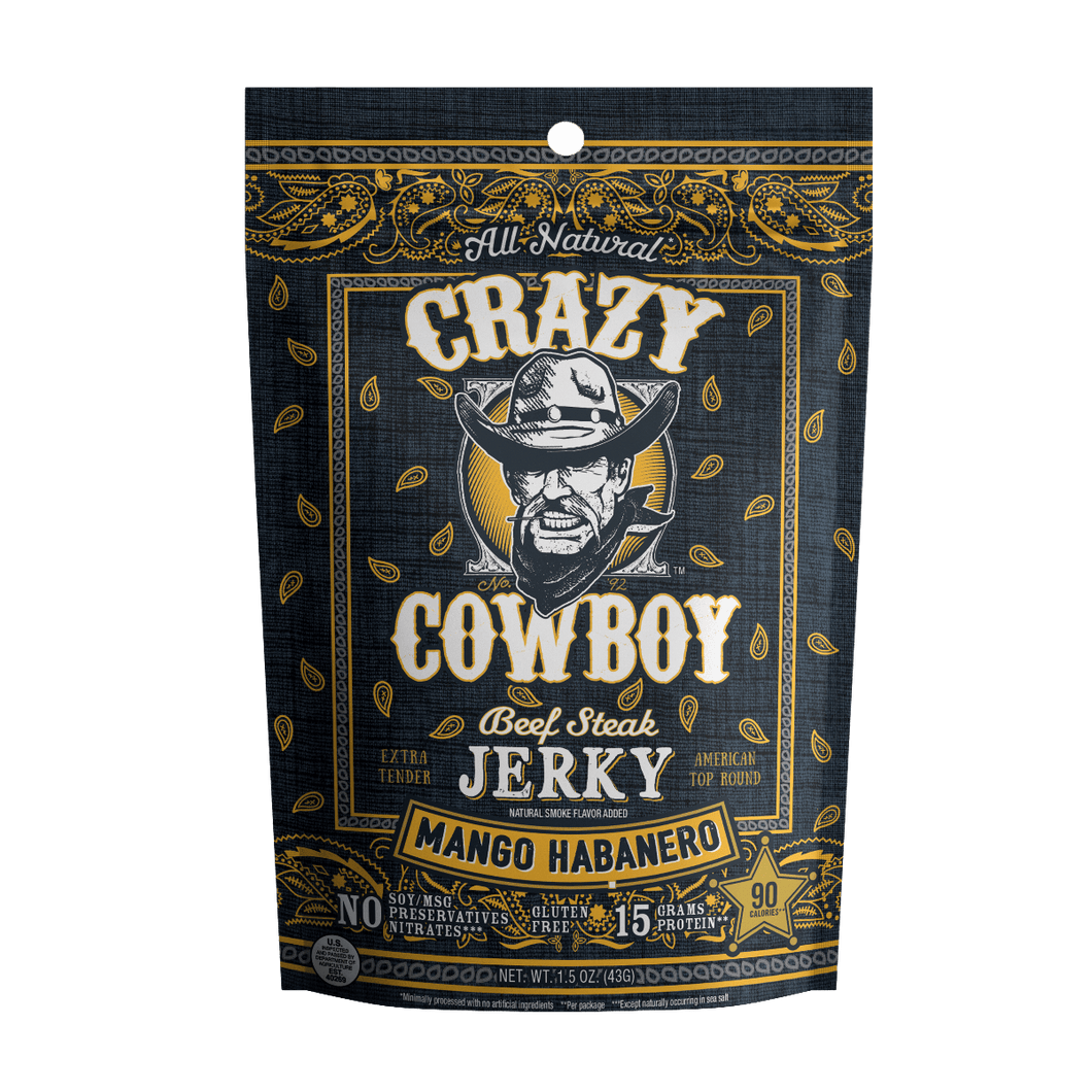 Crazy Cowboy Mango Habanero Beef Steak Jerky 1.5 oz Bags (Pack of 12) - Oasis Snacks