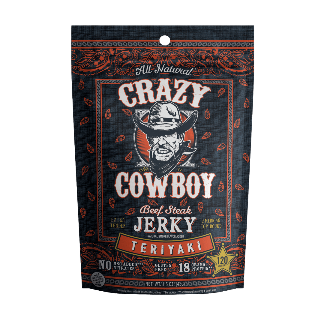Crazy Cowboy Teriyaki Beef Steak Jerky 1.5 oz Bags (Pack of 12) - Oasis Snacks