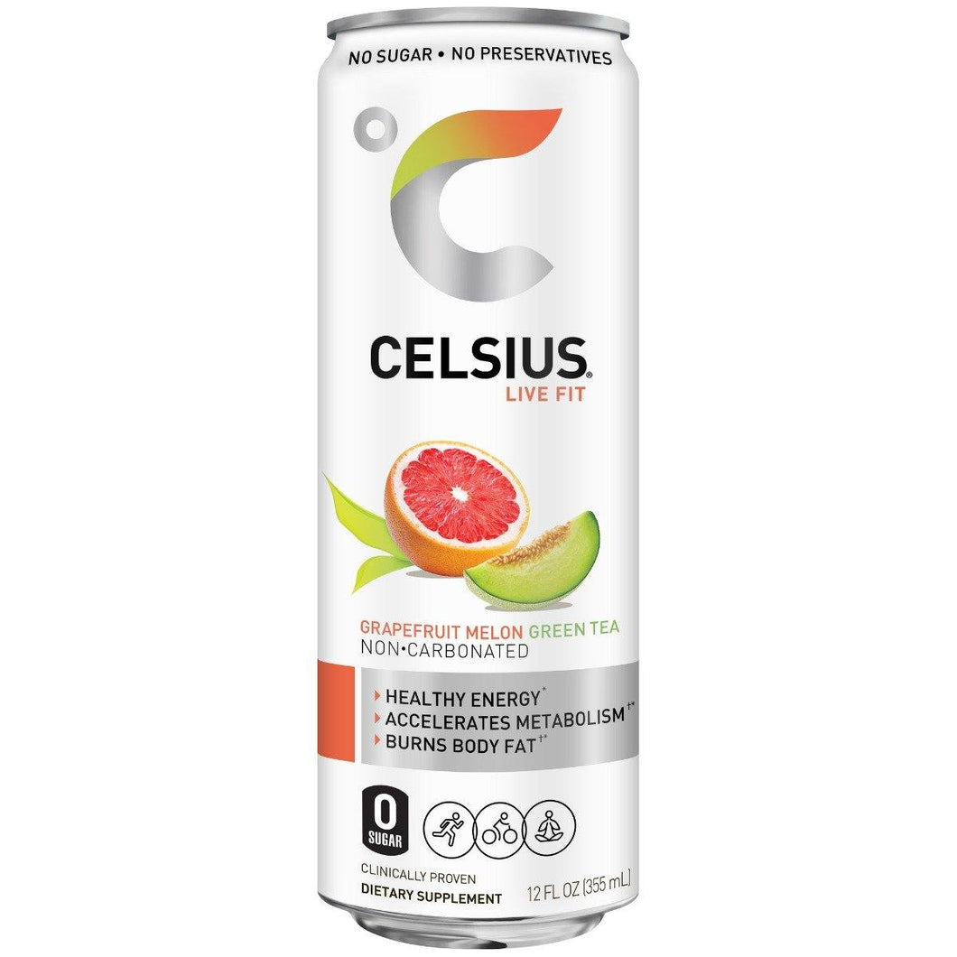 CELSIUS Non-Carbonated GRAPEFRUIT MELON Fitness Drink, ZERO Sugar, 12oz Slim Can (Pack of 12) - Oasis Snacks
