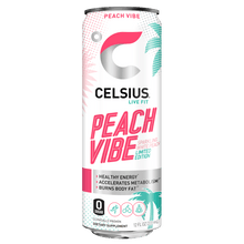 Load image into Gallery viewer, CELSIUS Sparkling PEACH VIBE Fitness Drink, ZERO Sugar, 12oz Slim Can (Pack of 12) - Oasis Snacks
