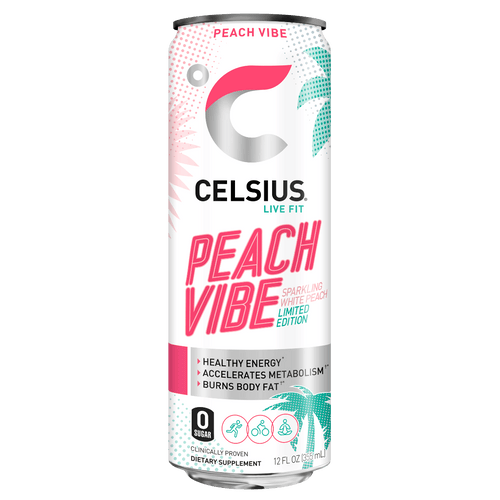 CELSIUS Sparkling PEACH VIBE Fitness Drink, ZERO Sugar, 12oz Slim Can (Pack of 12) - Oasis Snacks
