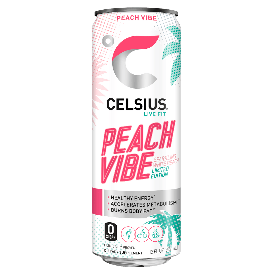 CELSIUS Sparkling PEACH VIBE Fitness Drink, ZERO Sugar, 12oz Slim Can (Pack of 12) - Oasis Snacks