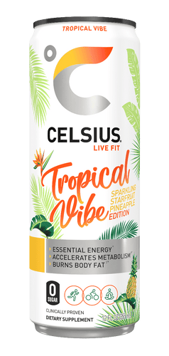 CELSIUS Non-Carbonated TROPICAL VIBE Fitness Drink, ZERO Sugar, 12oz Slim Can (Pack of 12) - Oasis Snacks