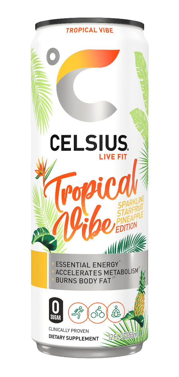CELSIUS Non-Carbonated TROPICAL VIBE Fitness Drink, ZERO Sugar, 12oz Slim Can (Pack of 12) - Oasis Snacks