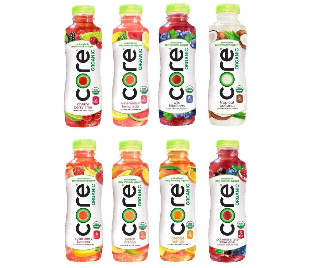 Core Organic Fruit Infused Beverage 8 Flavor Variety Pack, 16.9 Fl Oz Plastic Bottles, (24 Pack) - Oasis Snacks