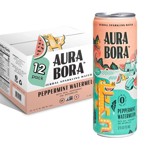 Aura Bora Herbal Sparkling Water, Peppermint Watermelon, 12oz (Pack of 12) - Oasis Snacks