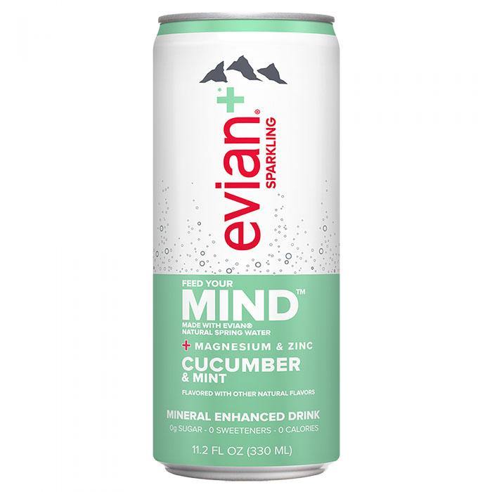 Evian + Sparkling Water Mineral Enchanced, Cucumber Mint, 11.2oz (Pack of 12) - Oasis Snacks