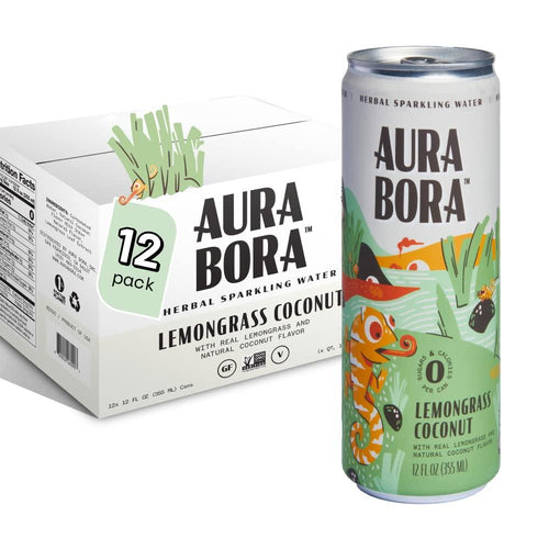 Aura Bora Herbal Sparkling Water, Lemongrass Coconut, 12oz (Pack of 12) - Oasis Snacks