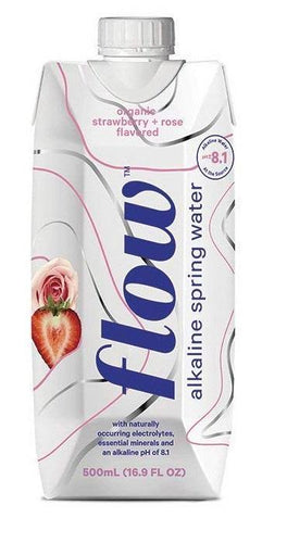 Flow Alkaline Spring Water Organic Strawberry + Rose, in eco-friendly 16.9 oz packaging (Pack of 12) - Oasis Snacks
