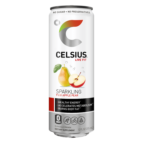 CELSIUS Sparkling FUJI APPLE PEAR Fitness Drink, ZERO Sugar, 12oz Slim Can (Pack of 12) - Oasis Snacks