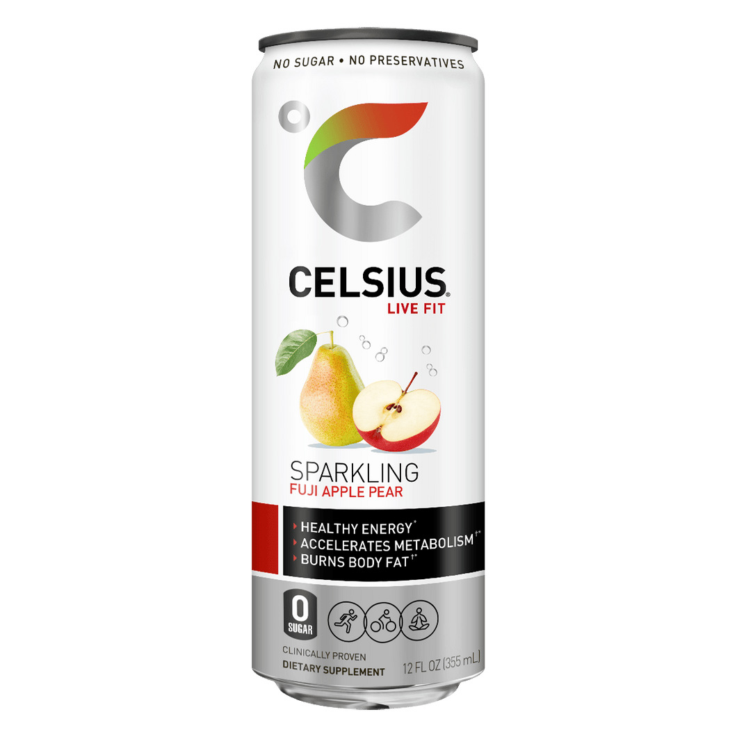 CELSIUS Sparkling FUJI APPLE PEAR Fitness Drink, ZERO Sugar, 12oz Slim Can (Pack of 12) - Oasis Snacks