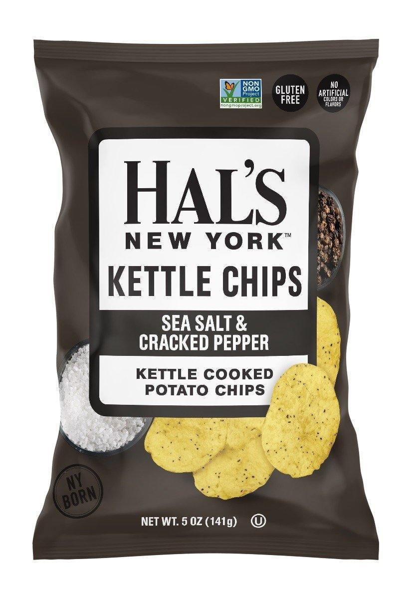 Hal's New York Kettle Cooked Potato Chips, Gluten Free, Sea Salt & Cracked Pepper, 5 oz Bag - Multi Pack - Oasis Snacks