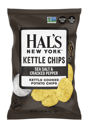 Hal's New York Kettle Cooked Gluten Free Potato Chips, Sea Salt & Cracked Pepper, 2 oz (Pack of 24) - Oasis Snacks