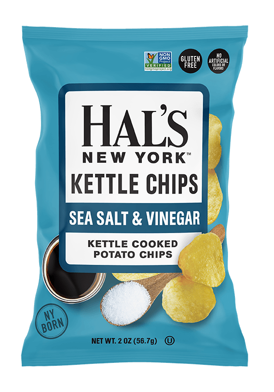 Hal's New York Kettle Cooked Gluten Free Potato Chips, Sea Salt & Vinegar, 2 oz (Pack of 24) - Oasis Snacks