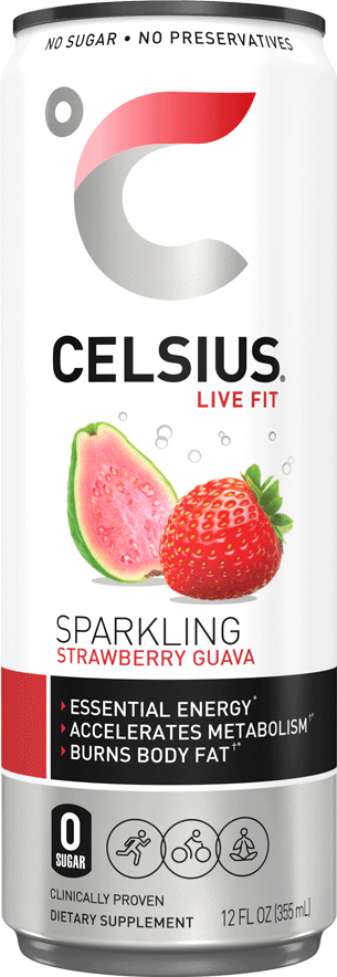 CELSIUS Sparkling Fitness Drink, Strawberry Guava, 12oz (Pack of 12) - Oasis Snacks