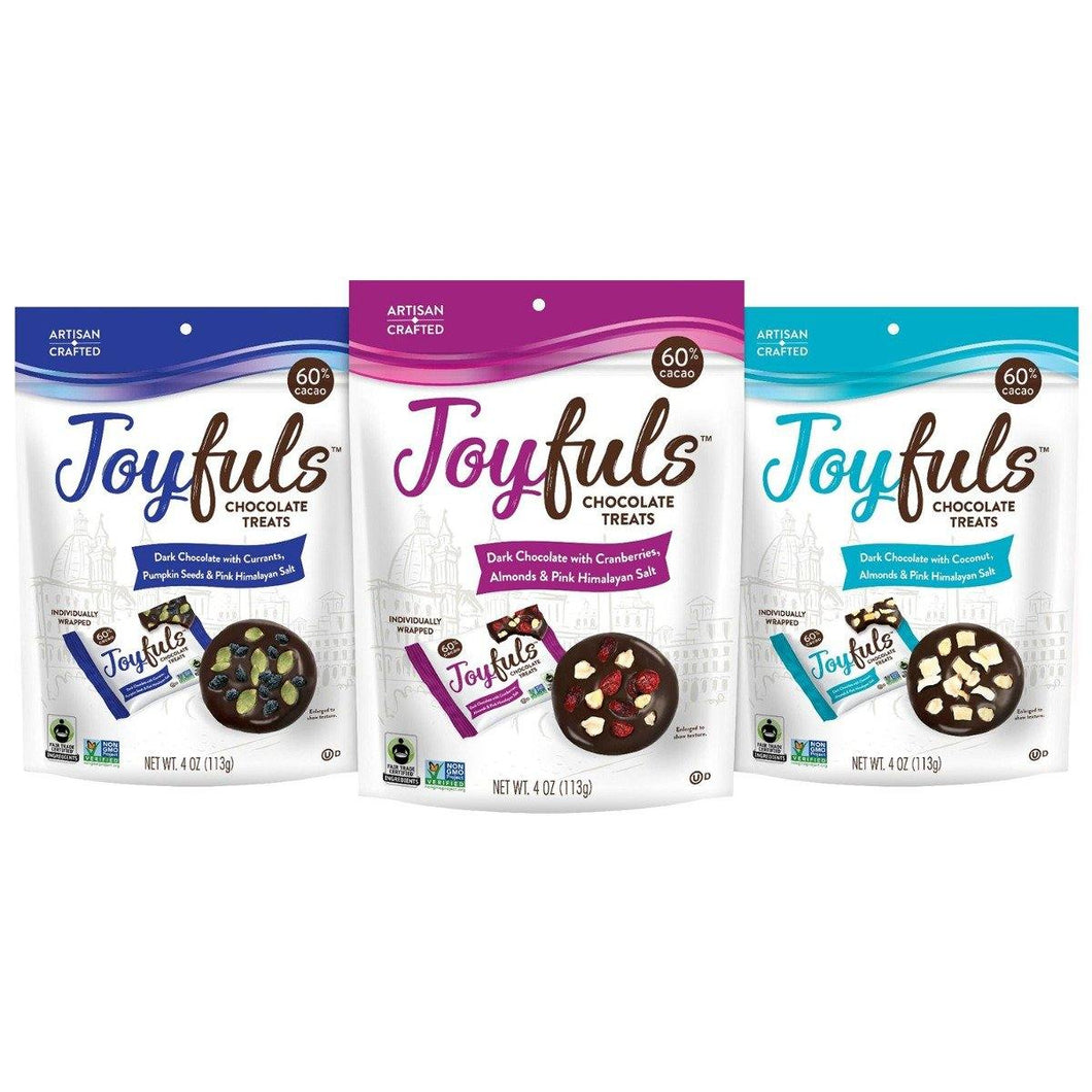 Joyfuls Dark Chocolate Treats, 3 Flavor Variety Pack, 4 oz Bags (Pack of 12) - Oasis Snacks