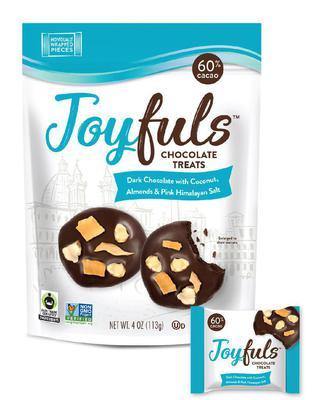Joyfuls Dark Chocolate Treats with Toasted Coconut, Almonds & Pink Salt, 4 oz Bags (Pack of 6) - Oasis Snacks