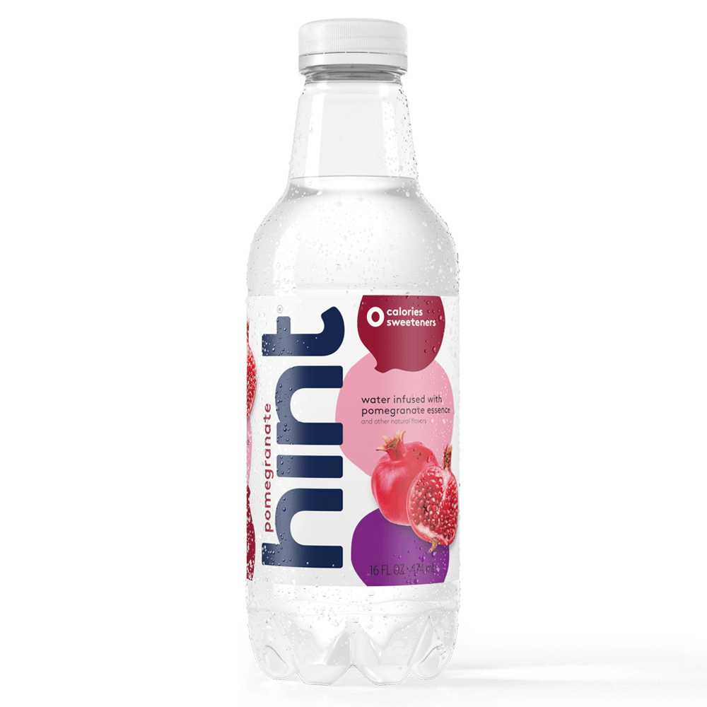 Hint Premium Pomegranate Unsweetened Essence Water 16 oz Plastic Bottles (12 Pack) - Oasis Snacks