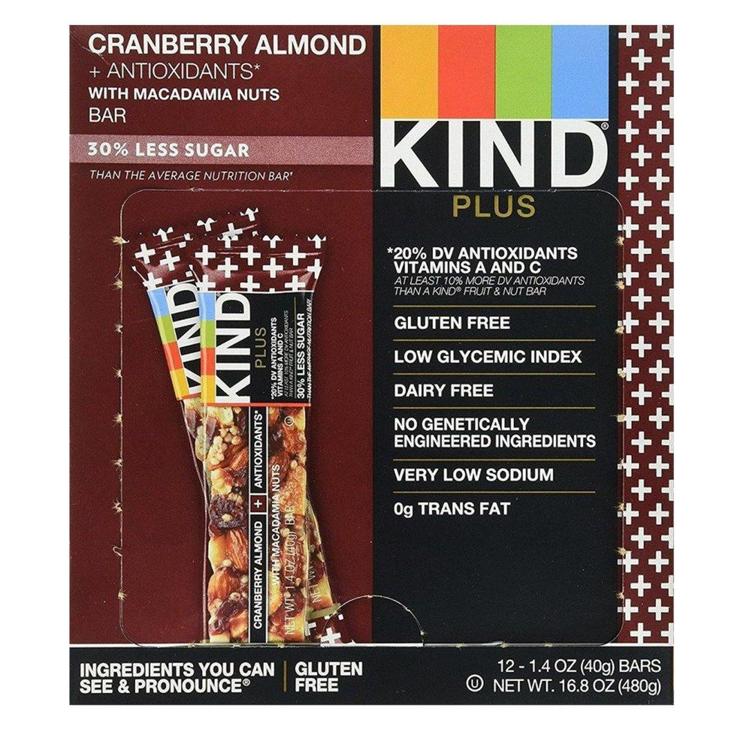 KIND Bars, Cranberry Almond + Antioxidants with Macadamia Nuts, 1.4oz, 12 Pack - Oasis Snacks