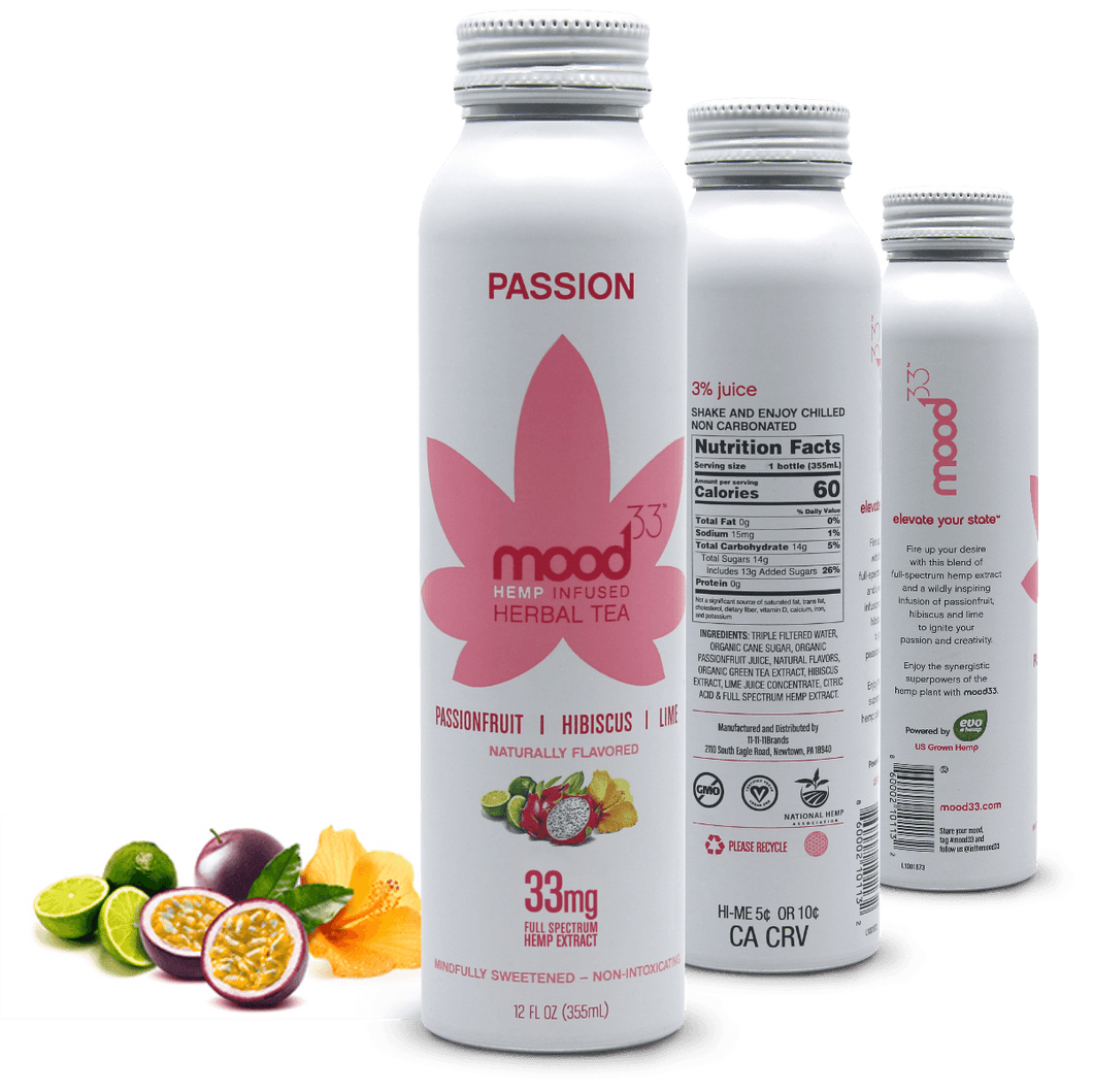 Mood33 Herbal Tea, Passionfruit |Hibiscus | Lime, 12oz (Pack of 12) - Oasis Snacks