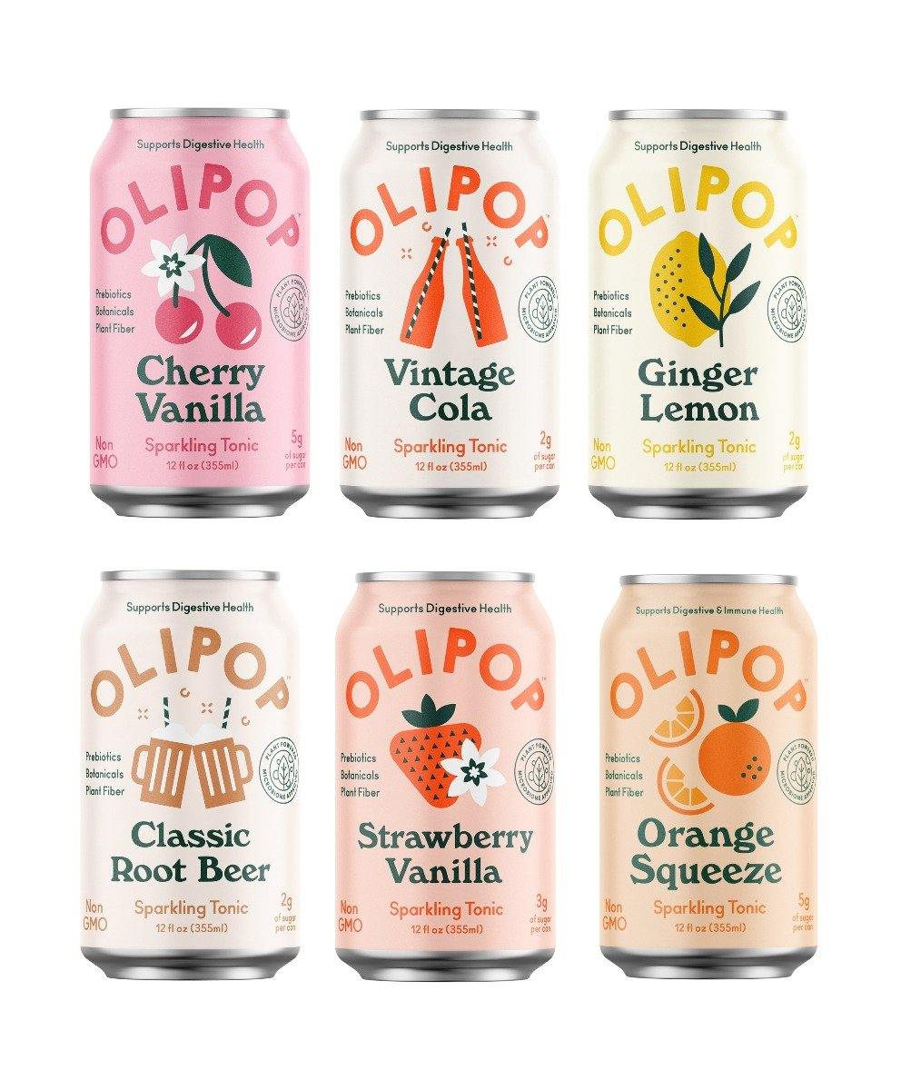 Olipop Sparkling Tonic Prebiotic Drink, 6 Flavor Variety, 12oz (Pack of 12) - Oasis Snacks