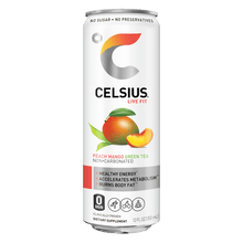 Load image into Gallery viewer, CELSIUS Non-Carbonated PEACH MANGO Fitness Drink, ZERO Sugar, 12oz Slim Can (Pack of 12) - Oasis Snacks
