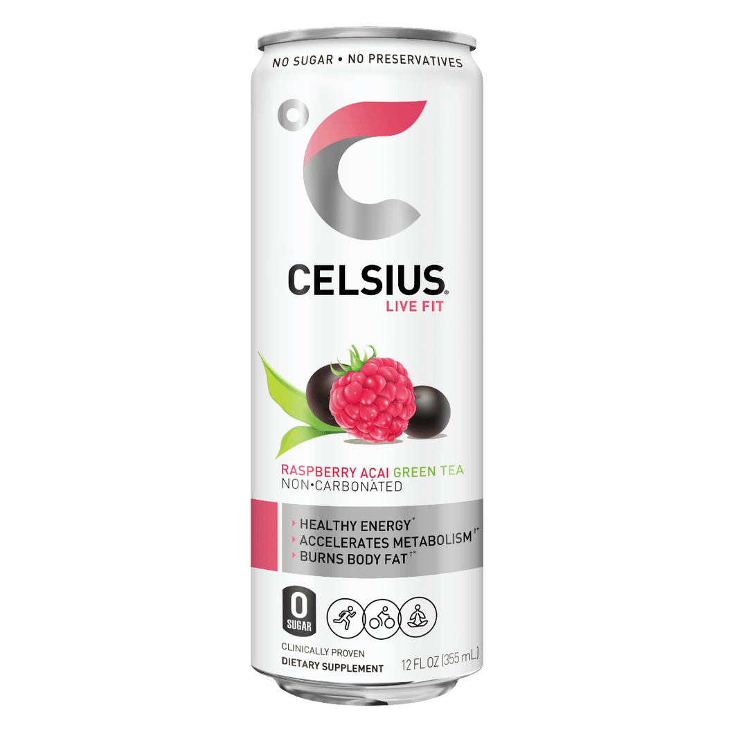 CELSIUS Non-Carbonated RASPBERRY ACAI Fitness Drink, ZERO Sugar, 12oz Slim Can (Pack of 12) - Oasis Snacks