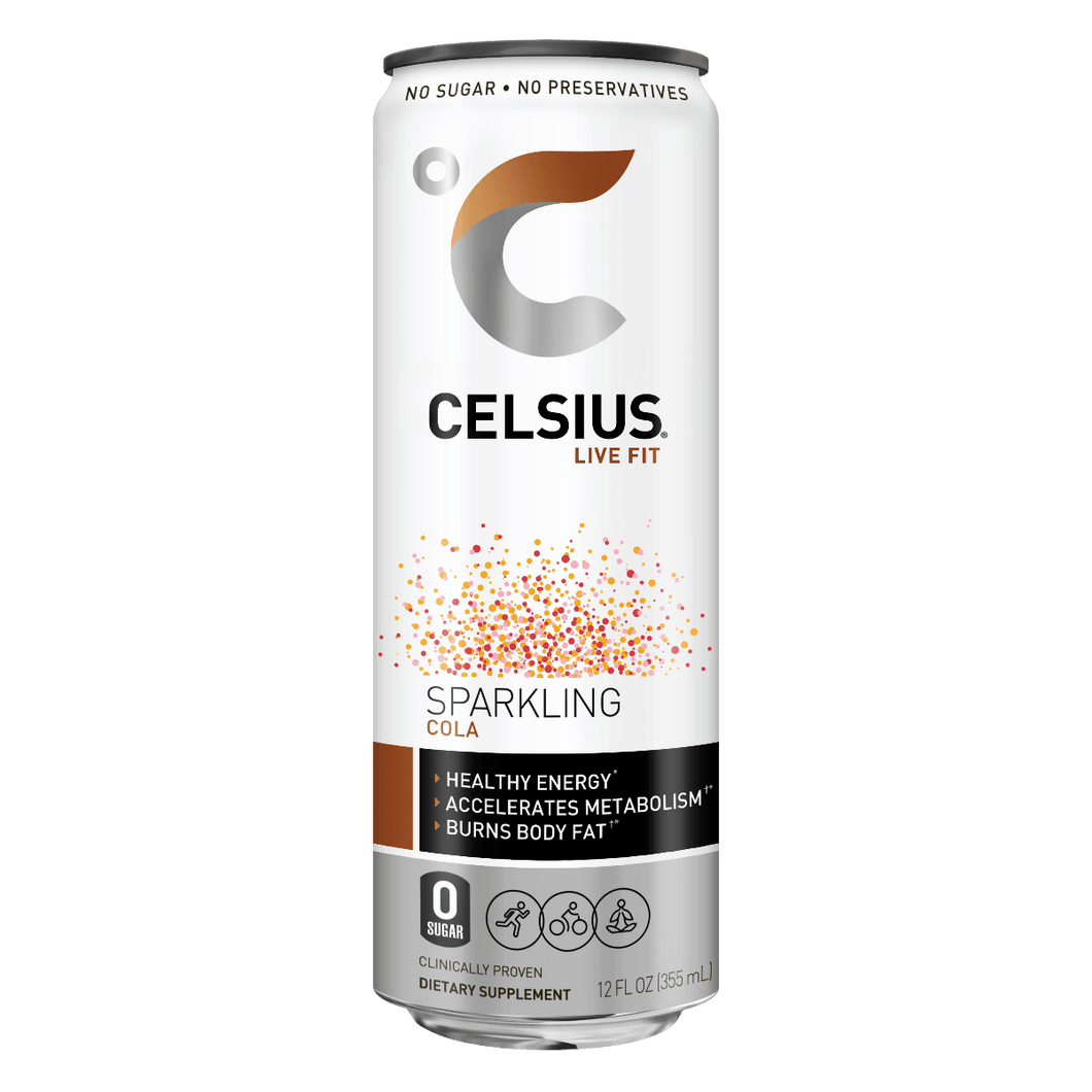 CELSIUS Sparkling COLA Fitness Drink, ZERO Sugar, 12oz Slim Can (Pack of 12) - Oasis Snacks