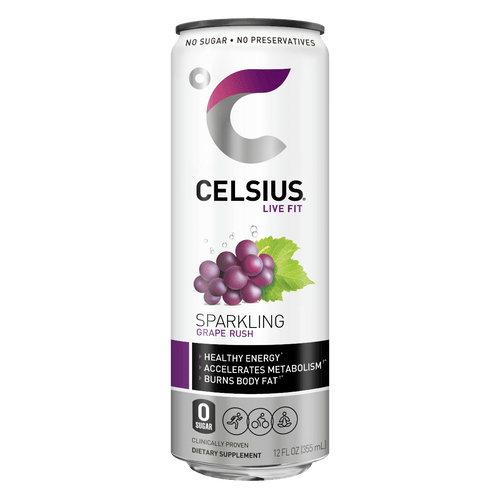 CELSIUS Sparkling GRAPE Fitness Drink, ZERO Sugar, 12oz Slim Can (Pack of 12) - Oasis Snacks