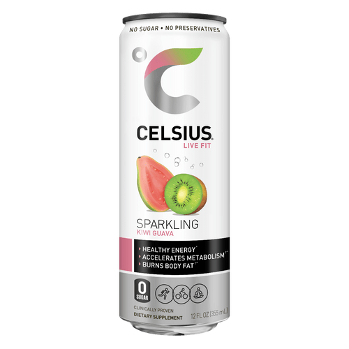 CELSIUS Sparkling KIWI GUAVA Fitness Drink, ZERO Sugar, 12oz Slim Can (Pack of 12) - Oasis Snacks