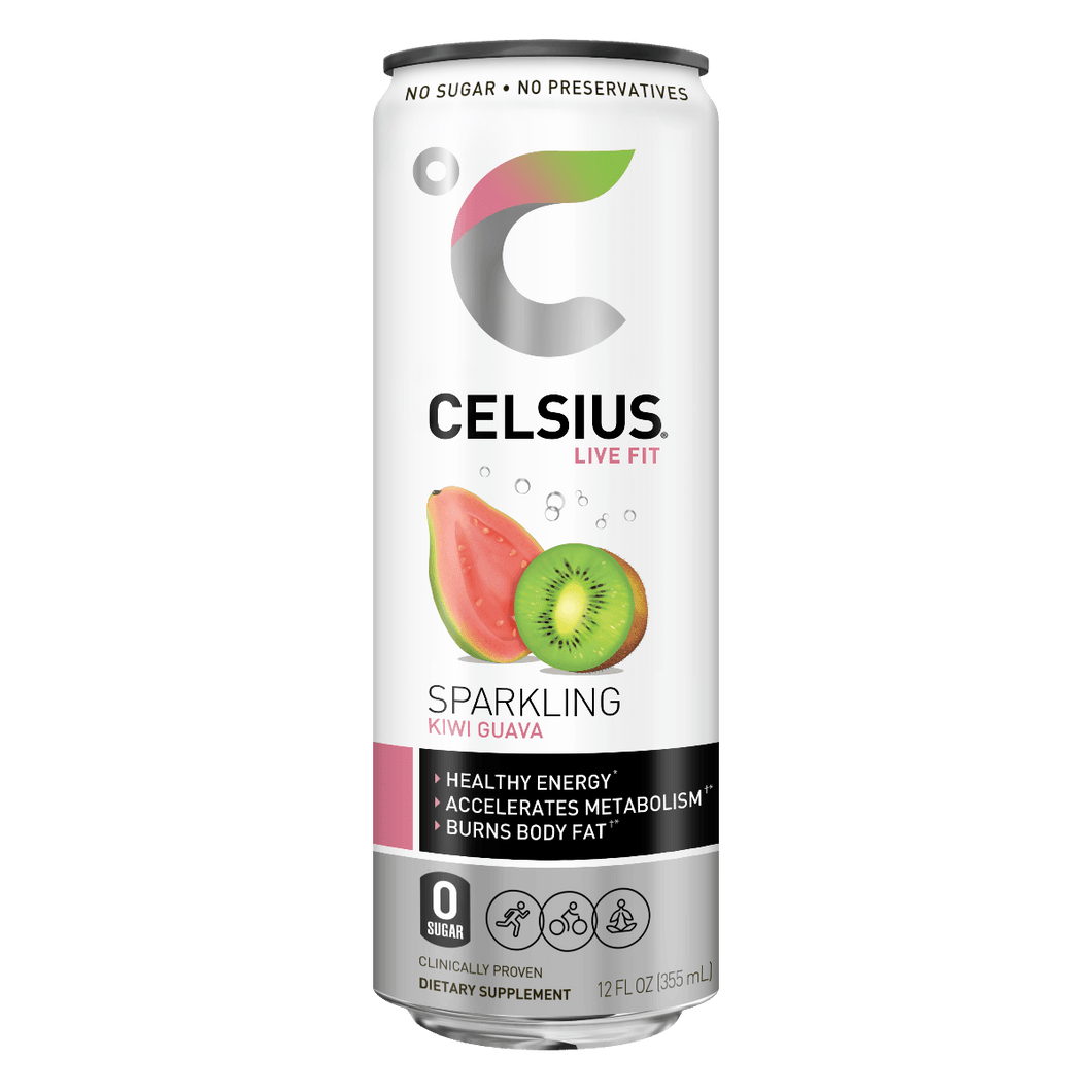 CELSIUS Sparkling KIWI GUAVA Fitness Drink, ZERO Sugar, 12oz Slim Can (Pack of 12) - Oasis Snacks