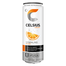 Load image into Gallery viewer, CELSIUS Sparkling ORANGE Fitness Drink, ZERO Sugar, 12oz Slim Can (Pack of 12) - Oasis Snacks

