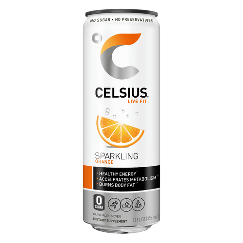 CELSIUS Sparkling ORANGE Fitness Drink, ZERO Sugar, 12oz Slim Can (Pack of 12) - Oasis Snacks