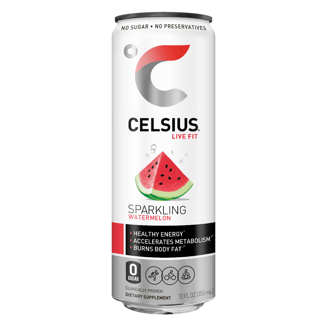 CELSIUS Sparkling WATERMELON Fitness Drink, ZERO Sugar, 12oz Slim Can (Pack of 12) - Oasis Snacks