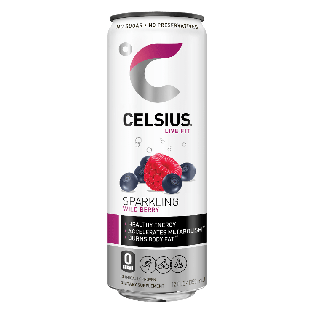 CELSIUS Sparkling WILD BERRY Fitness Drink, ZERO Sugar, 12oz Slim Can (Pack of 12) - Oasis Snacks
