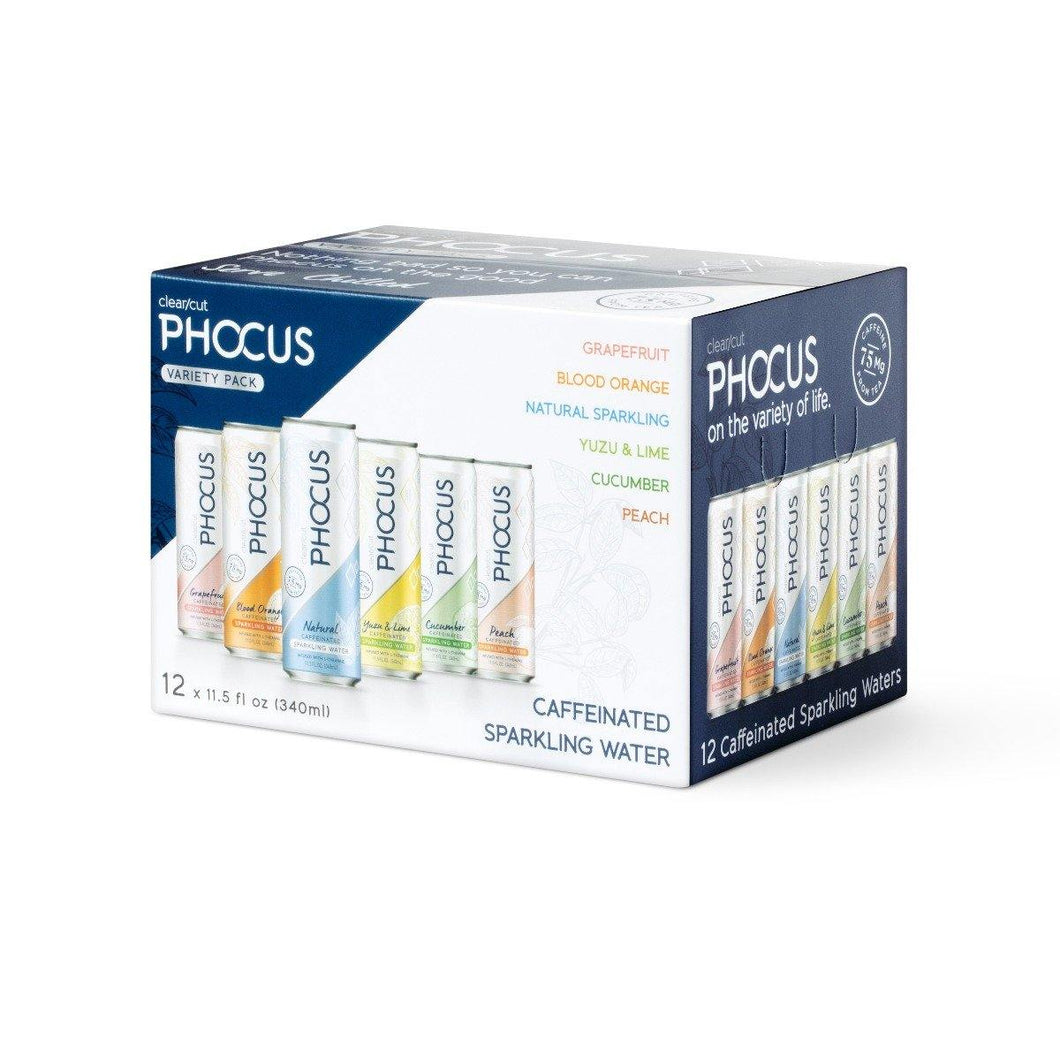 Phocus Caffeinated Sparkling Water, 6 Flavor Variety Pack, 11.5 ounces (Pack of 12) - Oasis Snacks