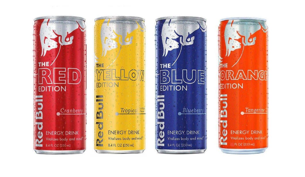 Red Bull Orange, Blue, Red, Yellow Editions Energy Drink Variety Pack, 8.4oz Cans (Pack of 12) - Oasis Snacks