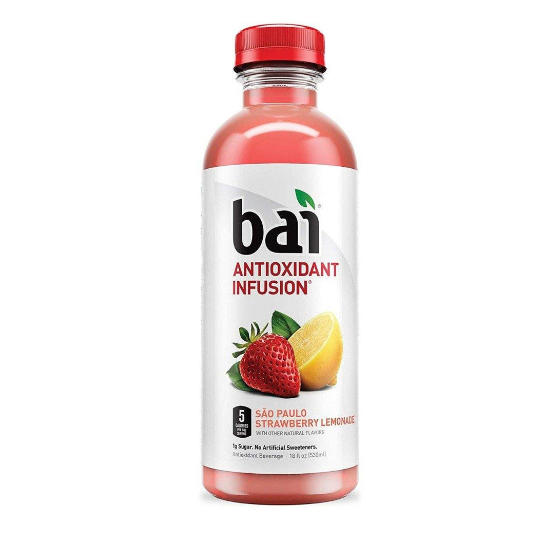 Bai Flavored Water, São Paulo Strawberry Lemonade, Antioxidant Infused Drinks, 18 fl oz (Pack of 12) - Oasis Snacks