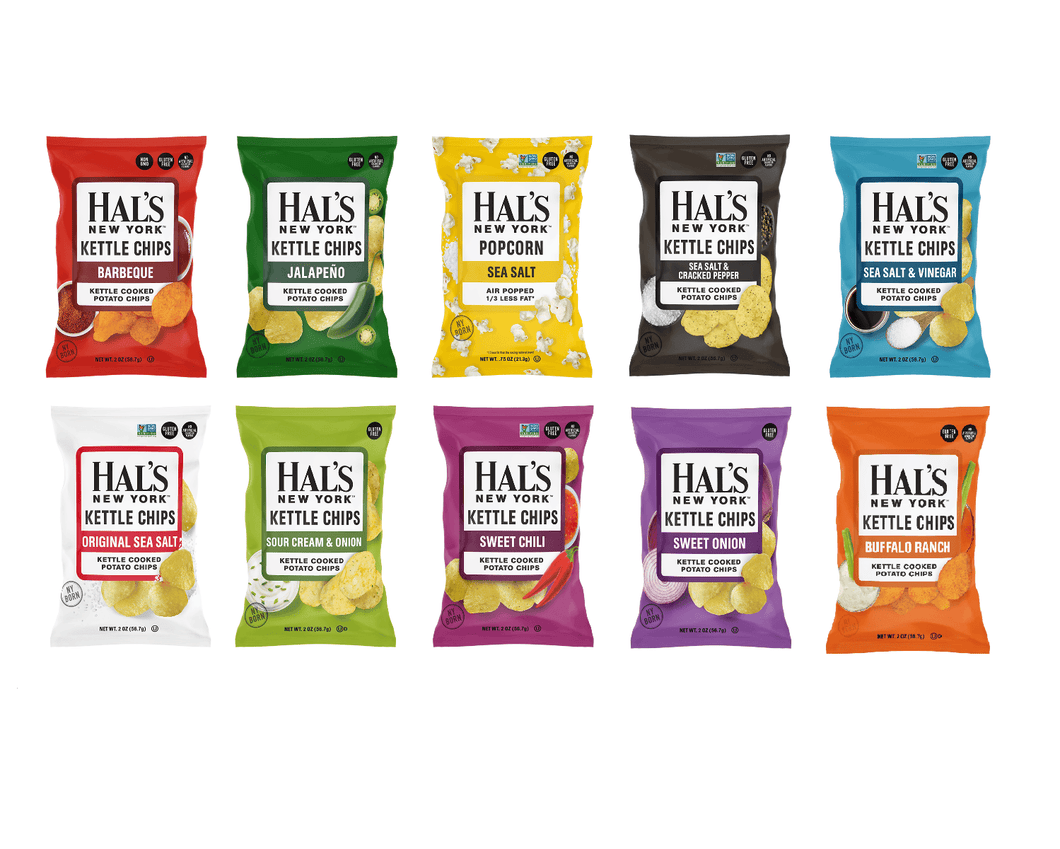 Hal's New York Kettle Cooked Potato Chips, Gluten Free, 10 Flavor Variety Pack, 2 oz (Pack of 10) - Oasis Snacks