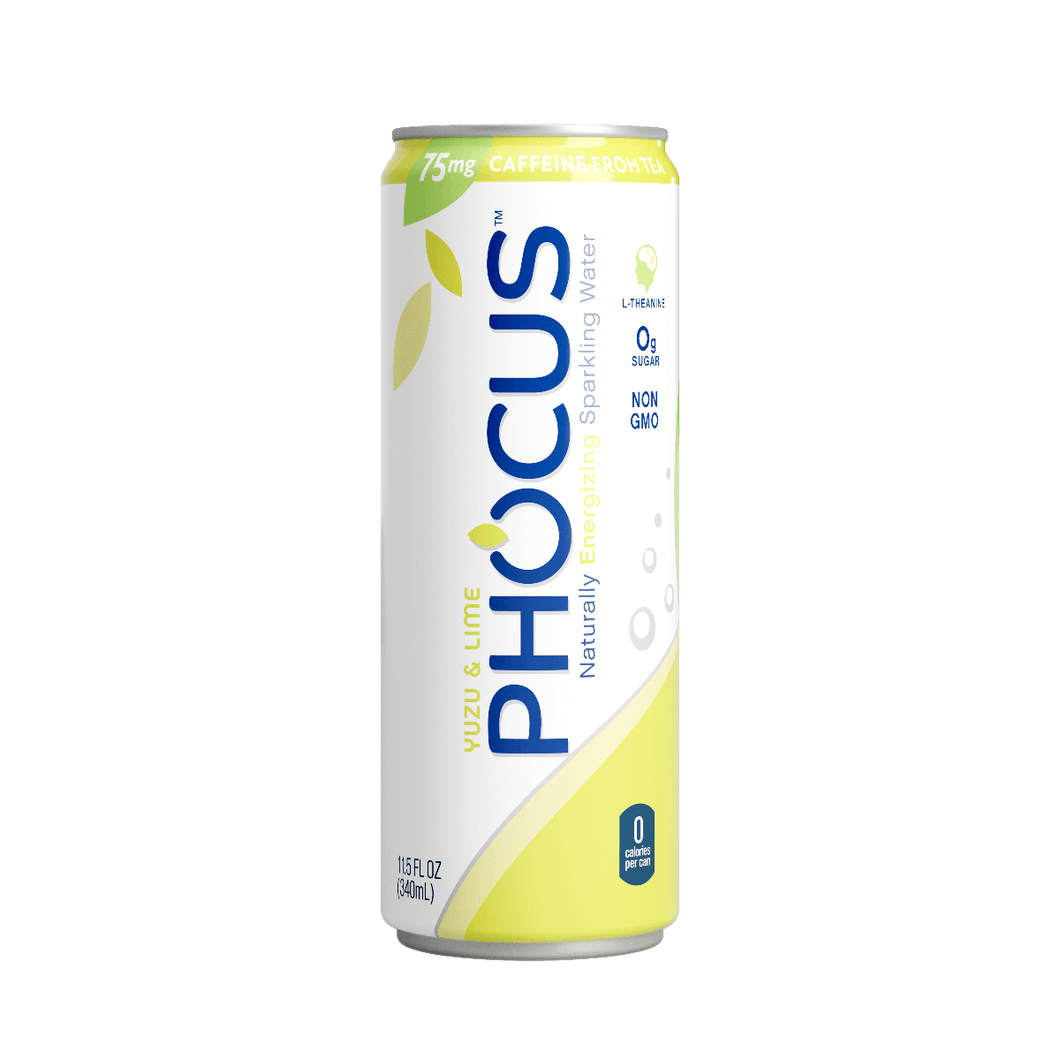 Phocus Caffeinated Sparkling Water, Yuzu & Lime, 11.5 ounces (Pack of 12) - Oasis Snacks